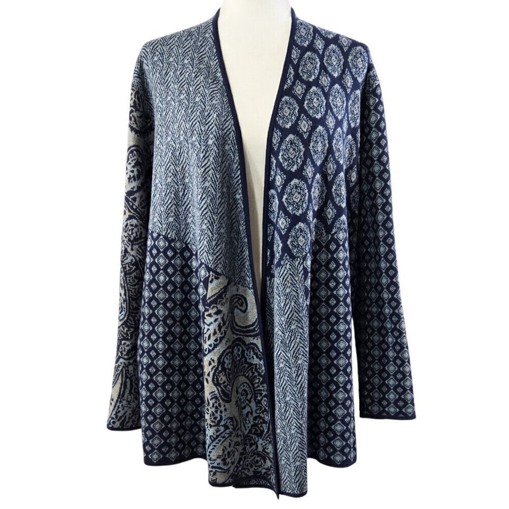 J. Jill 100% Cotton Blue Mixed Print Boho Geo Paisley Open Front Cardigan